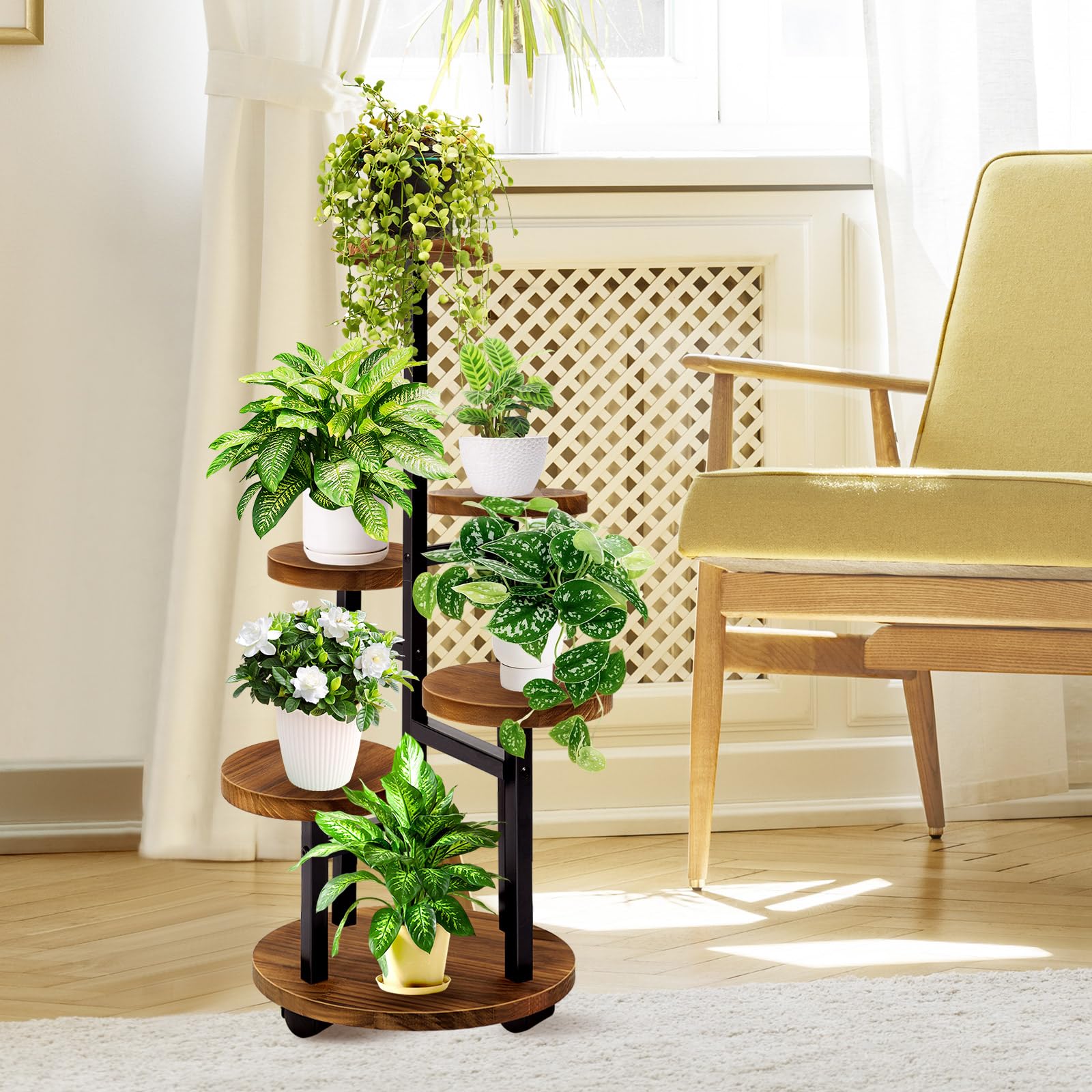 Geebobo brown-toned stand supports heavier pots on bottom shelf for stability.