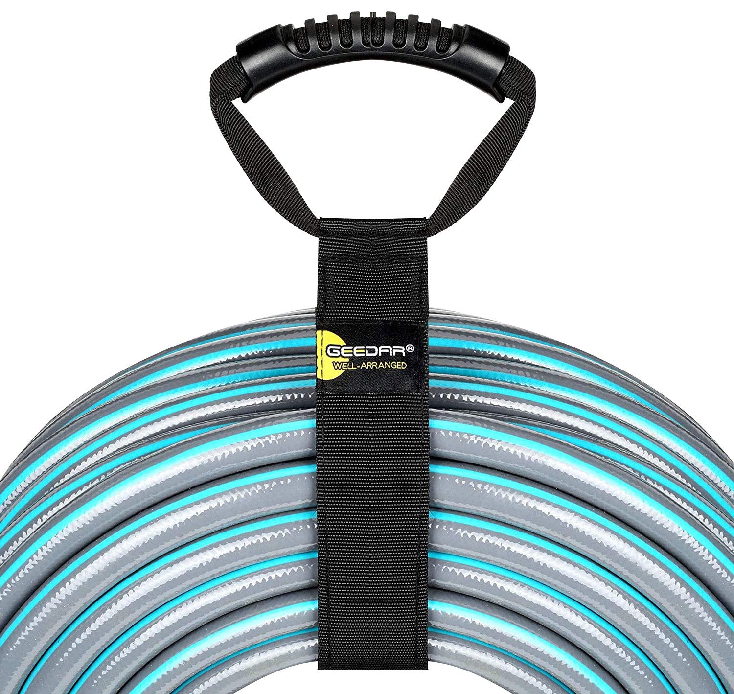 GEEDAR hose storage strap 50ft keeps garden hoses neat and tangle-free.