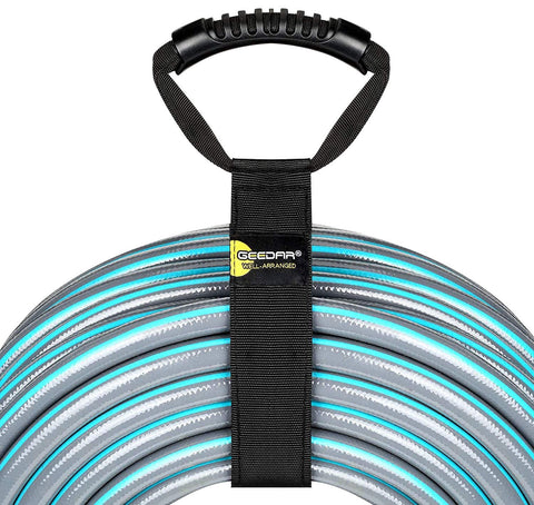 GEEDAR hose storage strap 50ft keeps garden hoses neat and tangle-free.