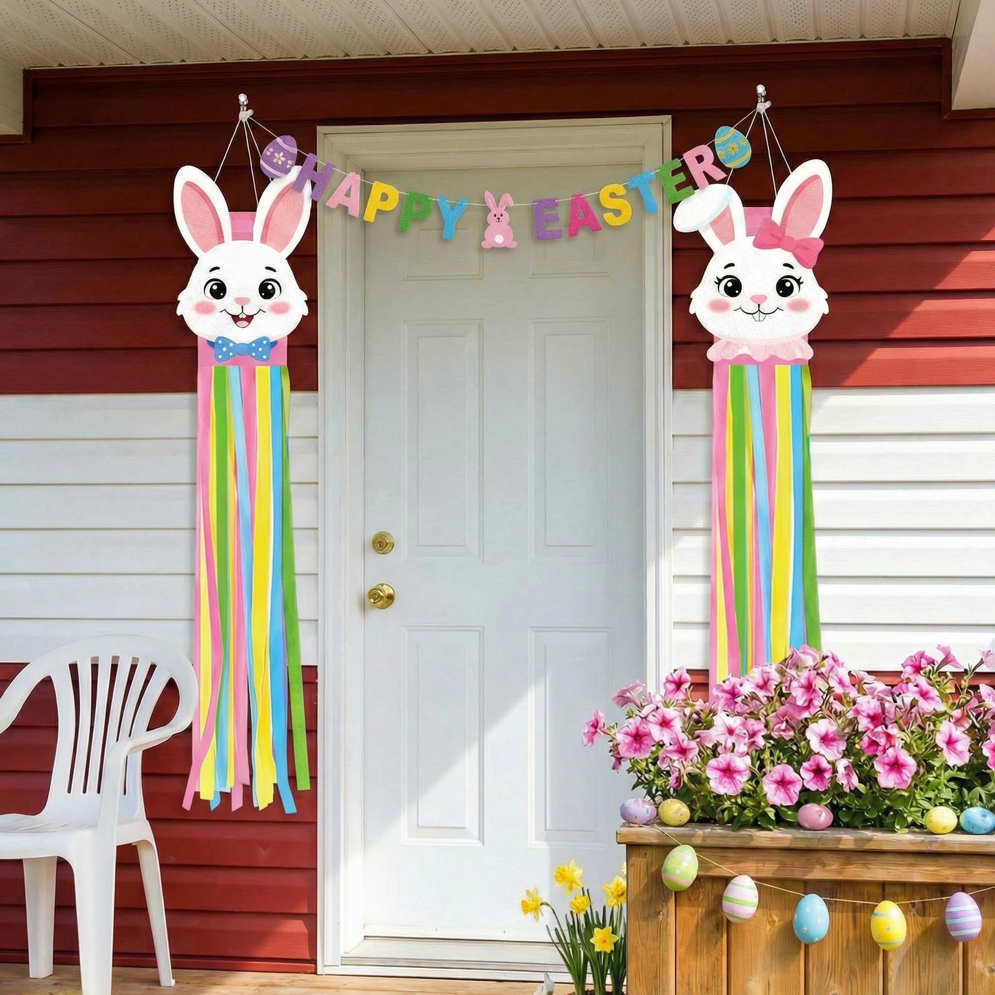 Geefuun Easter windsocks on porch for festive spring display