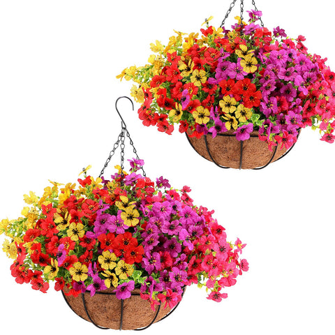 Geegoods two-set hanging baskets in outdoor display, vibrant flowers in view.
