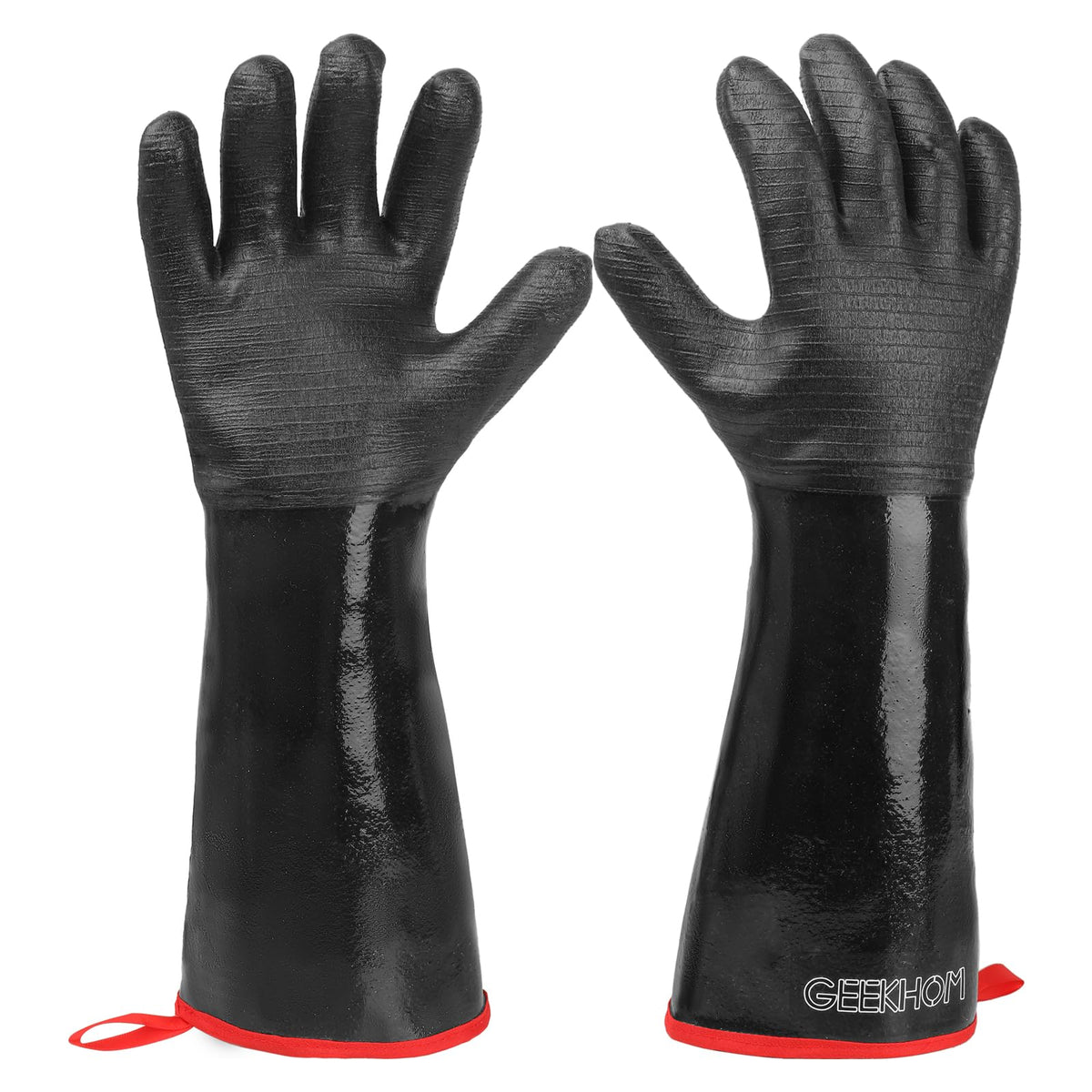 GEEKHOM 18-inch heat-resistant gloves protect hands during grilling and barbecue tasks.