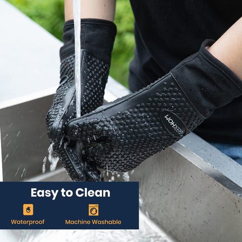 Extended 14 inch cuff on GEEKHOM BBQ Gloves shielding wrists during barbecue