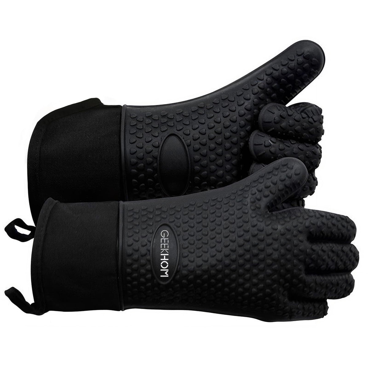 GEEKHOM BBQ Gloves illustrate heat-resistant forearm protection for grilling
