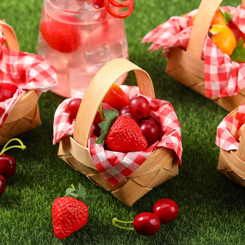Geelin red white gingham napkins with baskets for festive table settings.