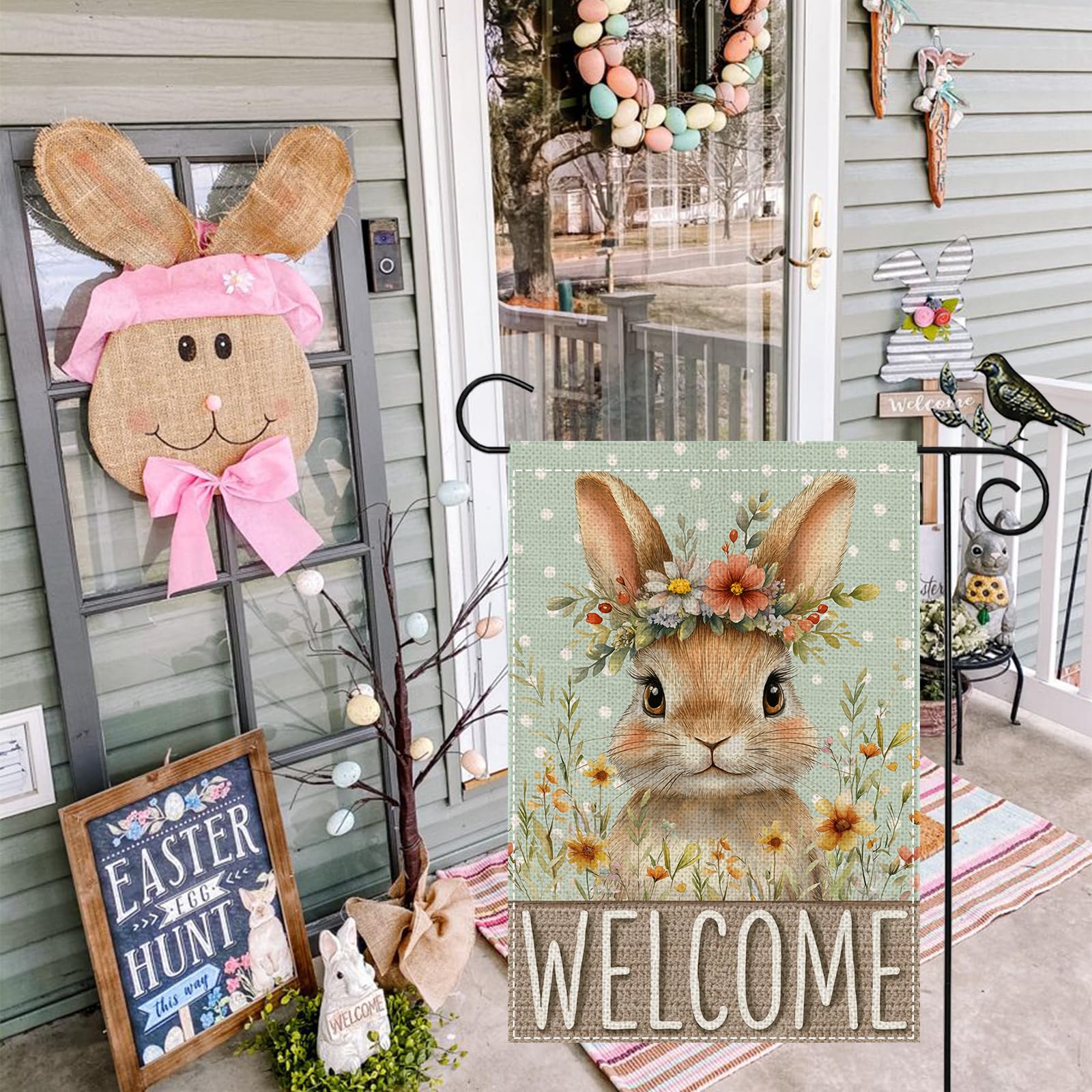 GEEORY burlap flag shows vibrant floral crown against mint backdrop, elevating porch curb appeal.