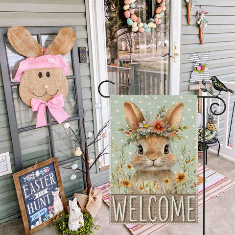 GEEORY burlap flag shows vibrant floral crown against mint backdrop, elevating porch curb appeal.