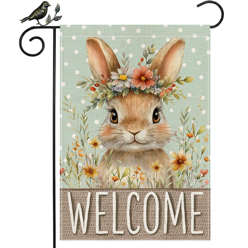 GEEORY Easter Bunny Welcome flag with brown bunny and floral crown for outdoor spring charm.