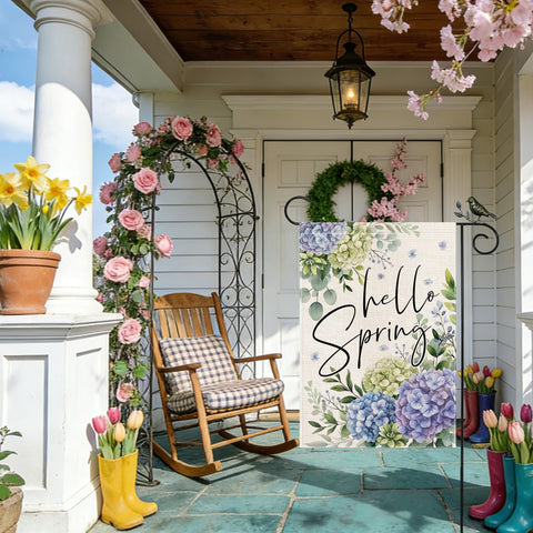 GEEORY Hello Spring 12x18 size fits most standard garden flag stands.