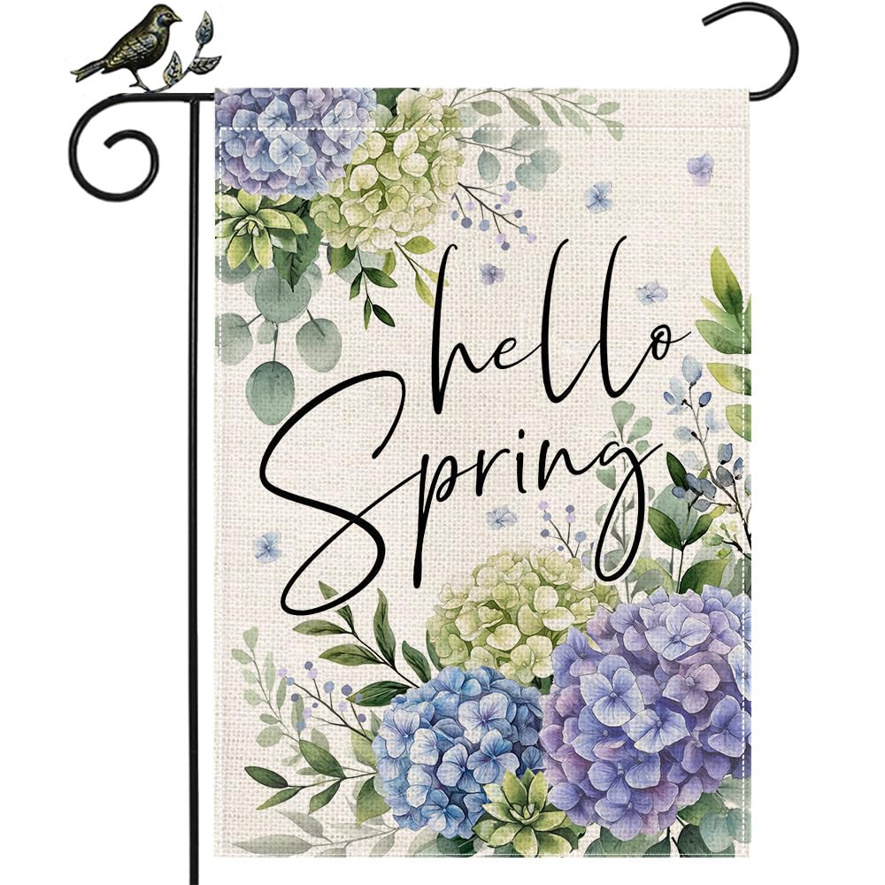 GEEORY Hello Spring flag front view with vibrant hydrangea and eucalyptus for curb appeal.