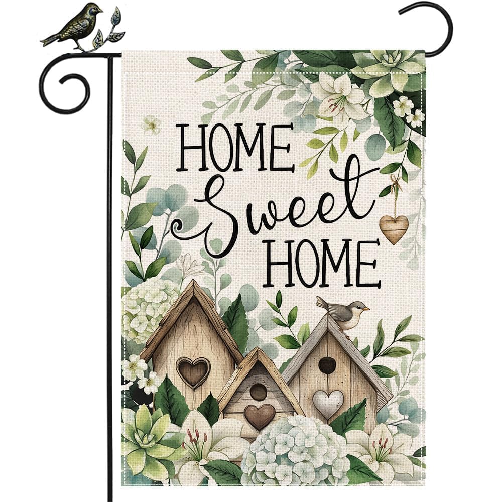 GEEORY Home Sweet Home flag on burlap background adds cozy farmhouse curb appeal.