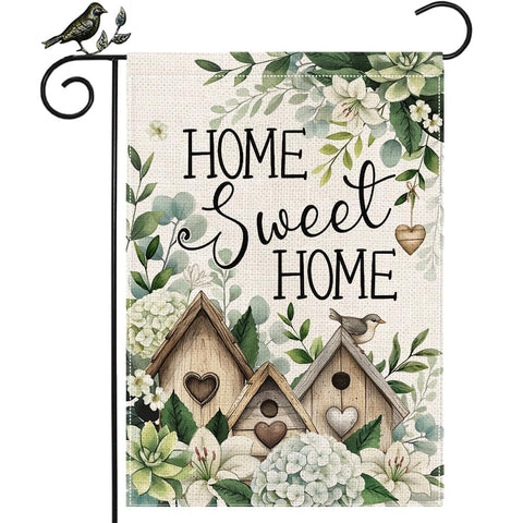 GEEORY Home Sweet Home flag on burlap background adds cozy farmhouse curb appeal.