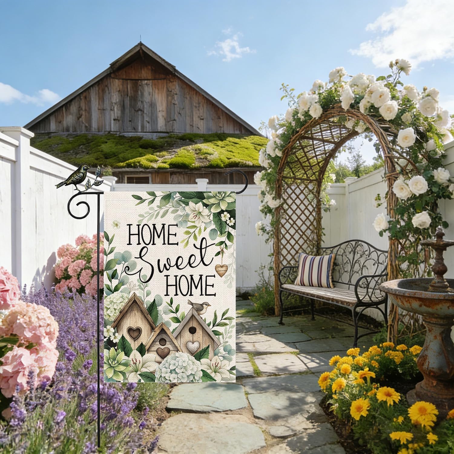 GEEORY Home Sweet Home hydrangea eucalyptus design boosts spring curb appeal.