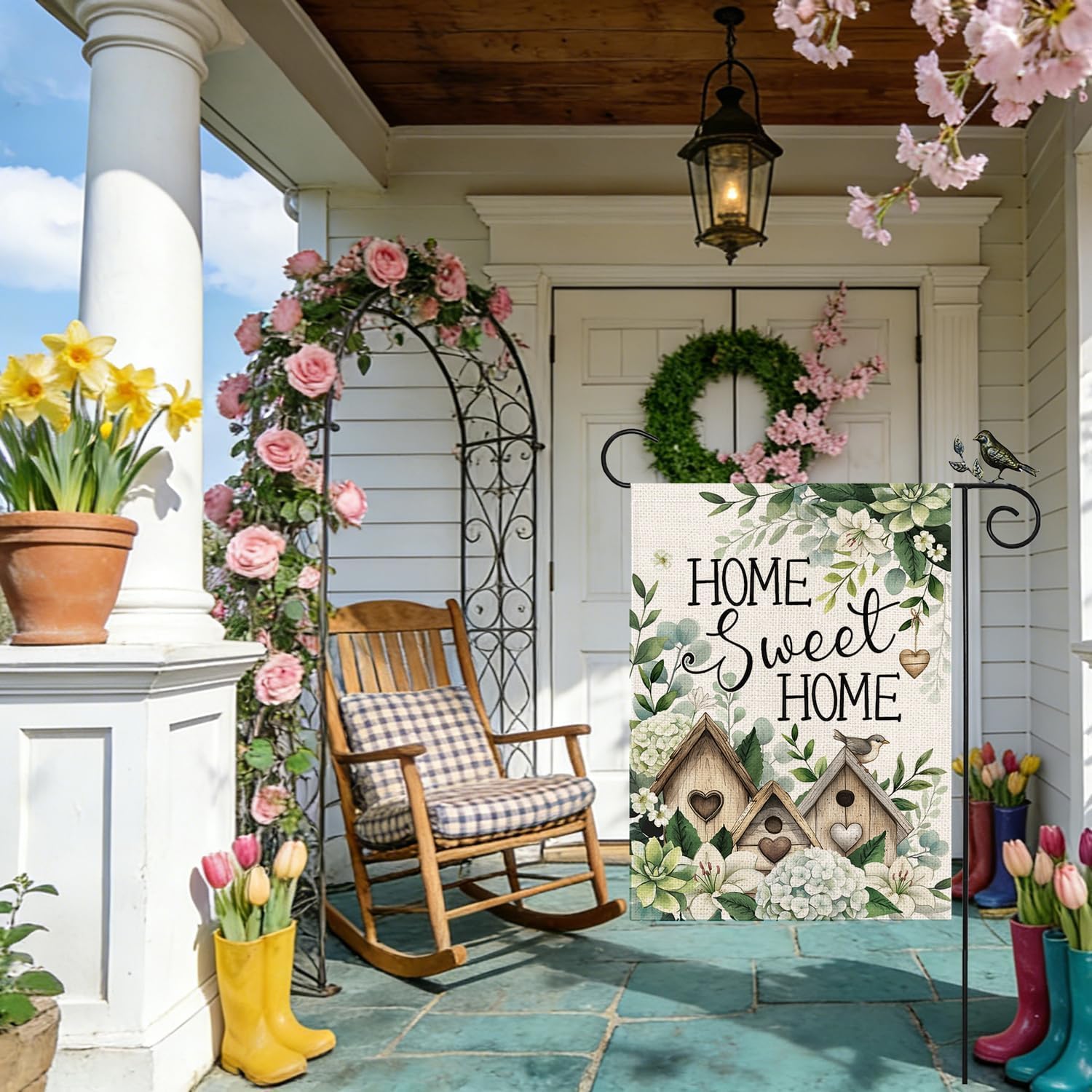 GEEORY Home Sweet Home flag with rustic birdhouses enhances yard charm.