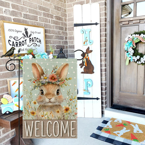GEEORY spring decor flag pairs with wreaths and planters for festive outdoor styling.