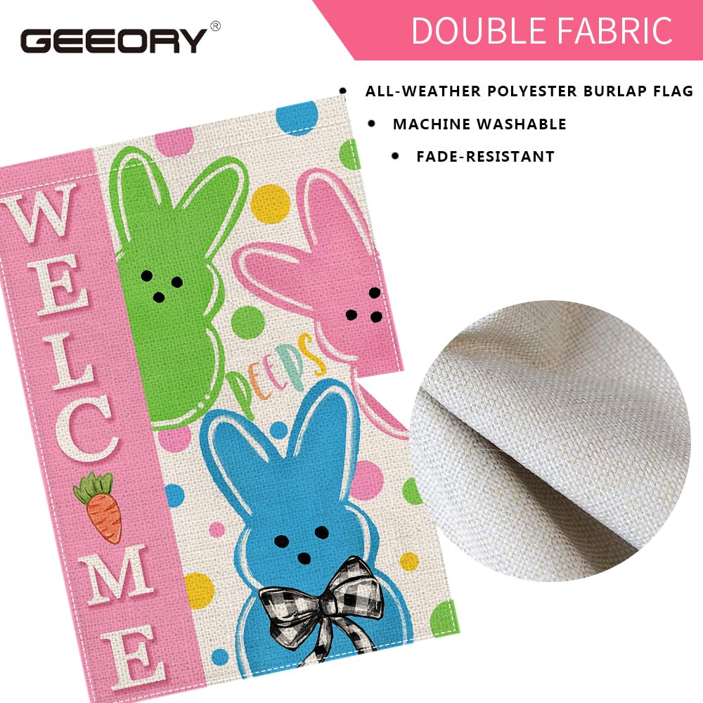 GEEORY Easter Peeps flag closeup reveals burlap texture and crisp design