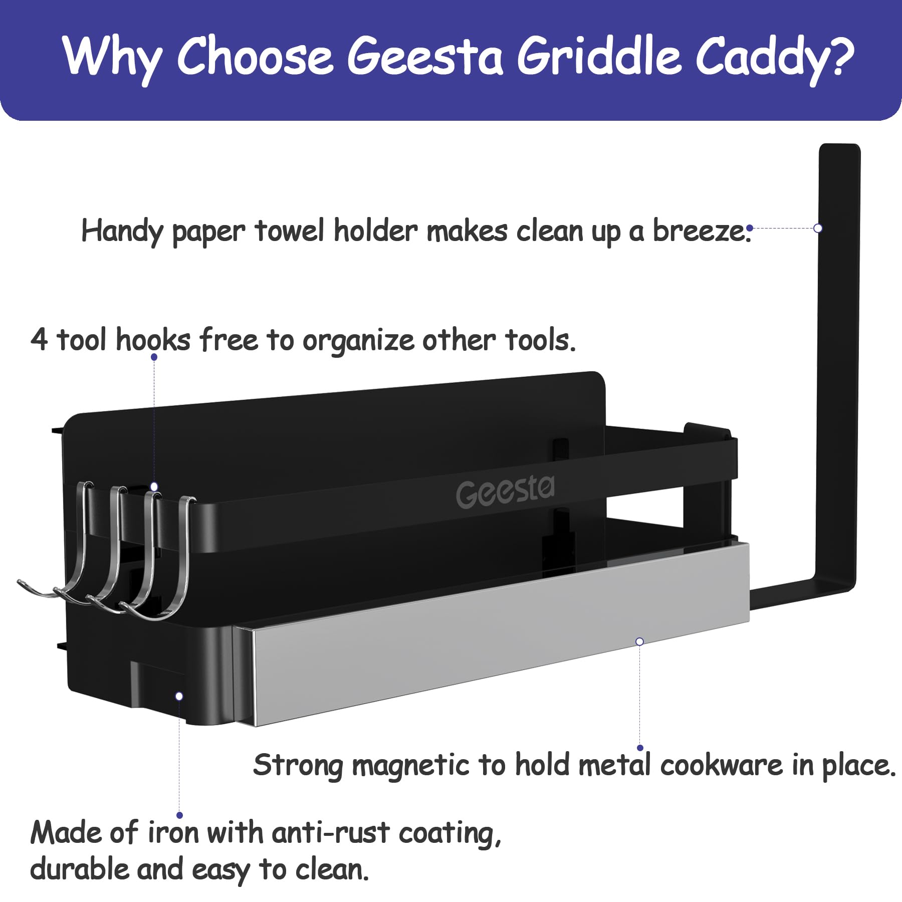 Geesta Griddle Caddy with four J-hooks keeps tools organized without wobble.