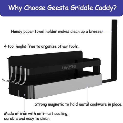 Geesta Griddle Caddy with four J-hooks keeps tools organized without wobble.