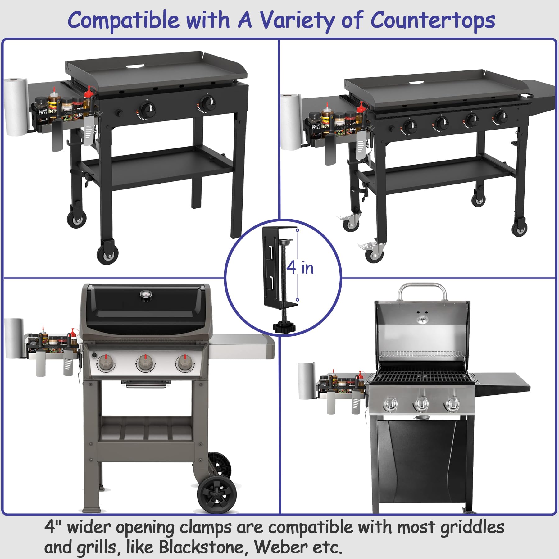 Geesta Griddle Caddy clamp-compatibility supports countertops up to 4 inches thick.