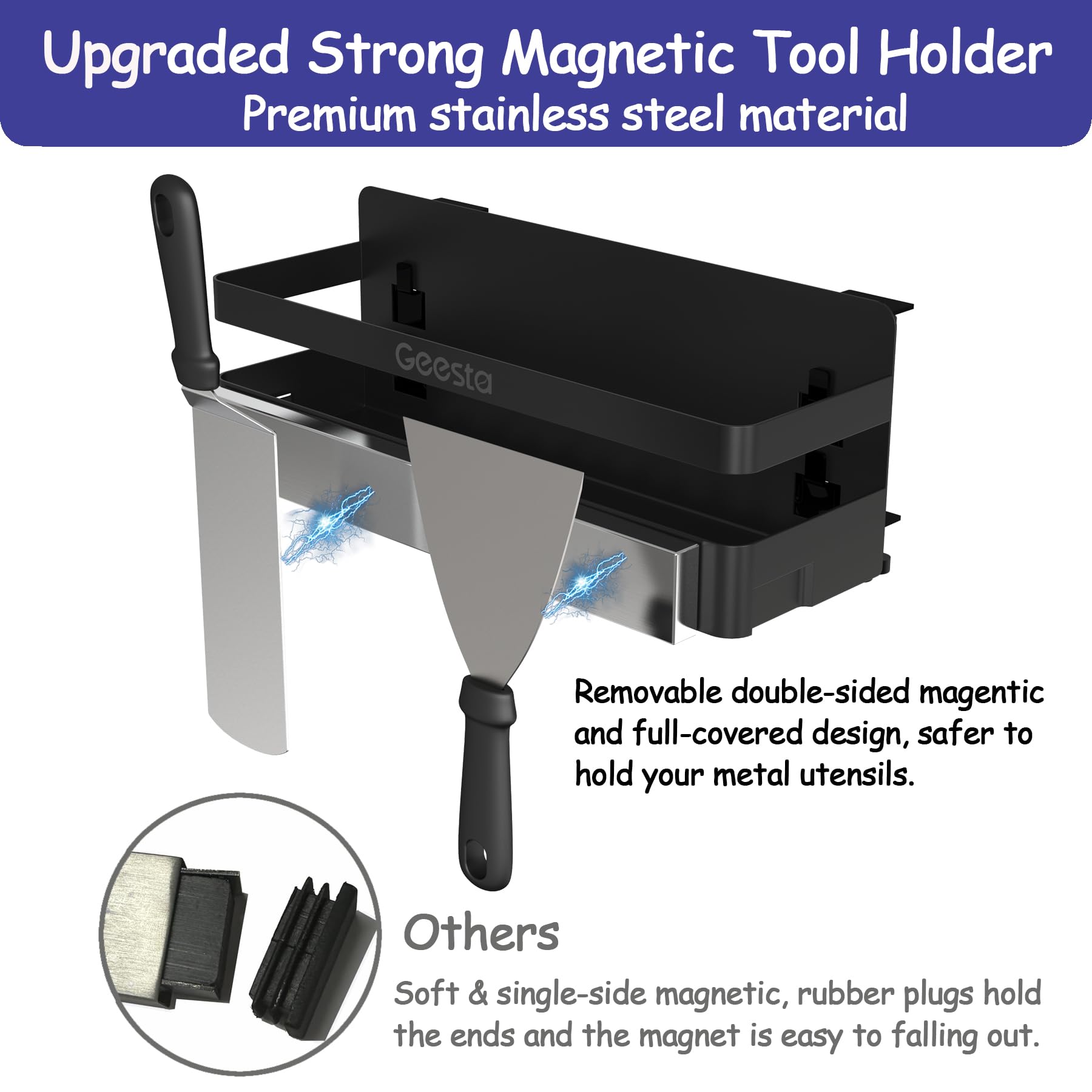 Geesta Griddle Caddy magnetic-stripe double-sided provides secure utensil storage.