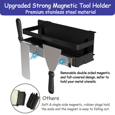 Geesta Griddle Caddy magnetic-stripe double-sided provides secure utensil storage.