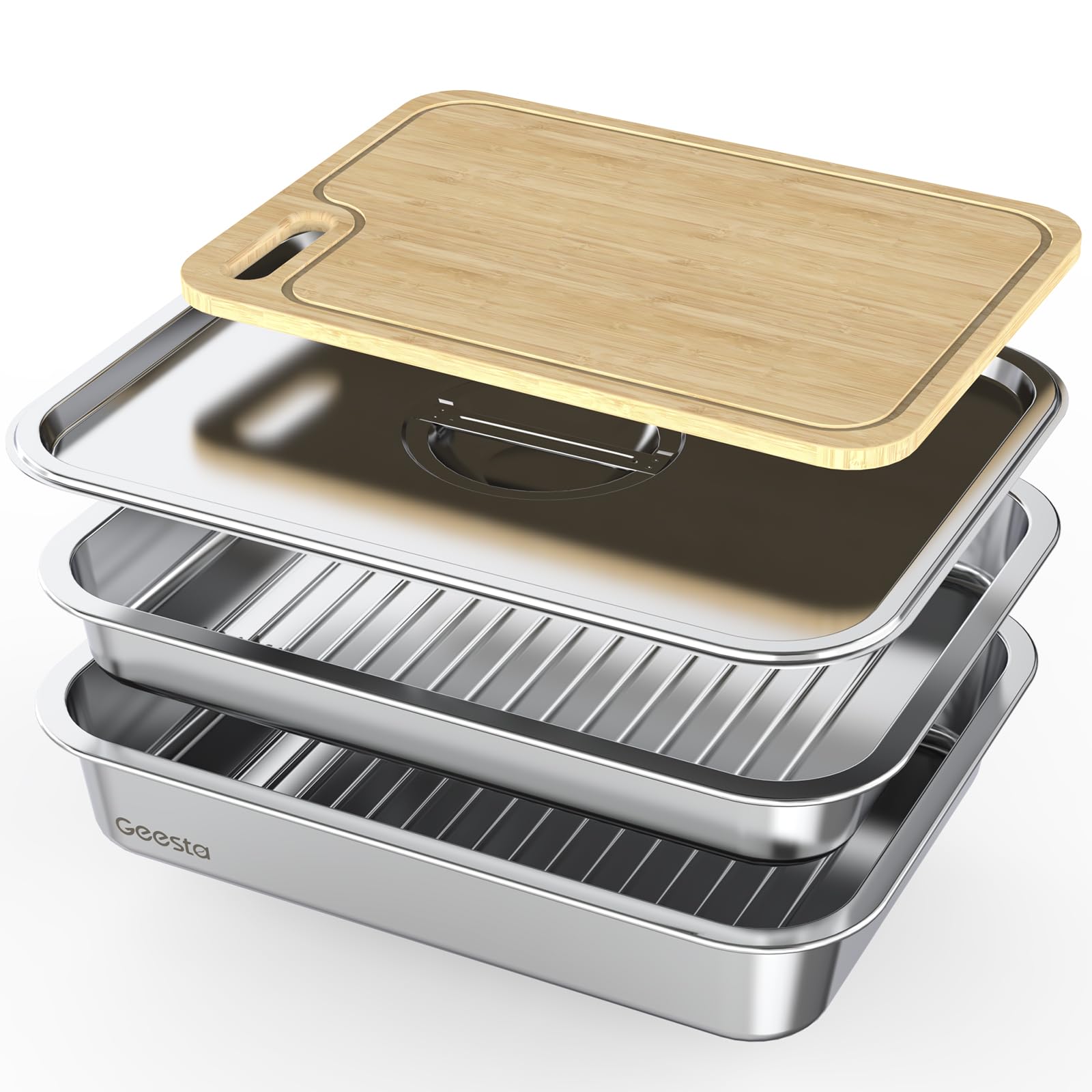 Geesta deep stainless steel tray for marinating and prep.