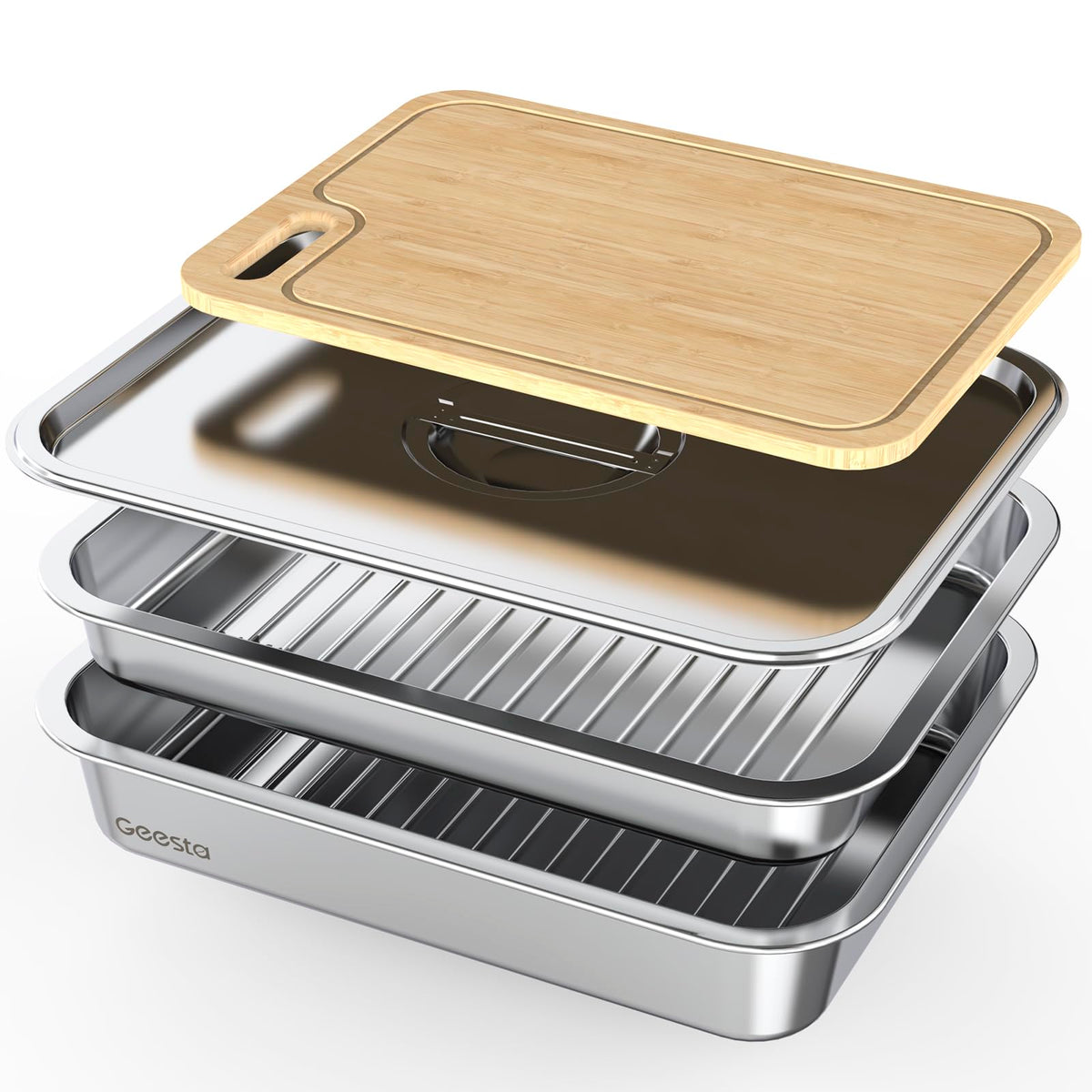 Geesta deep stainless steel tray for marinating and prep.