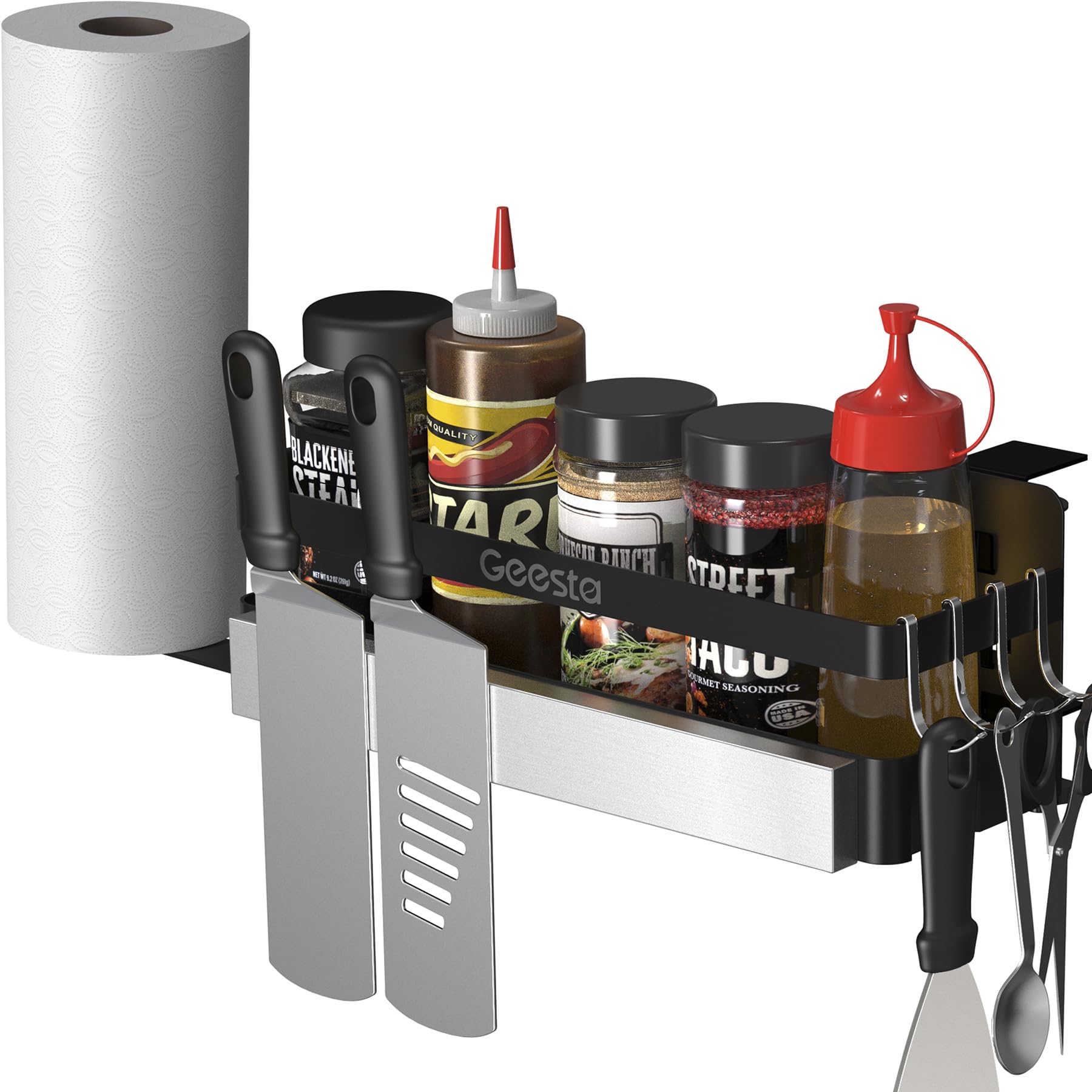 Geesta Upgraded Griddle Caddy full-design view saves counter space on Blackstone.