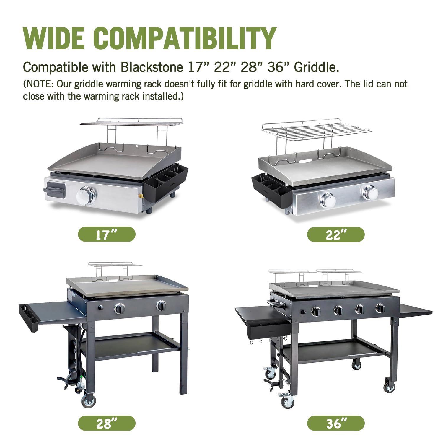 Geesta warming rack clips securely to griddle edge during cooking