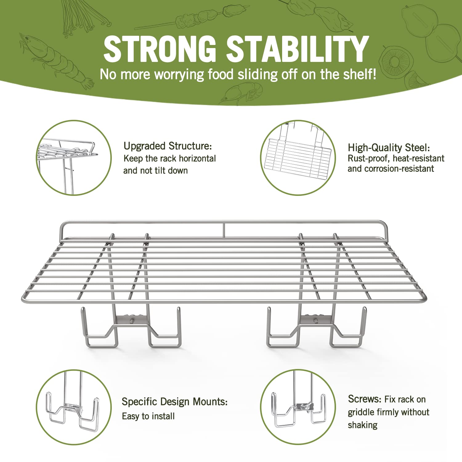 Geesta warming rack unfolded dimensions shown for wide griddle compatibility