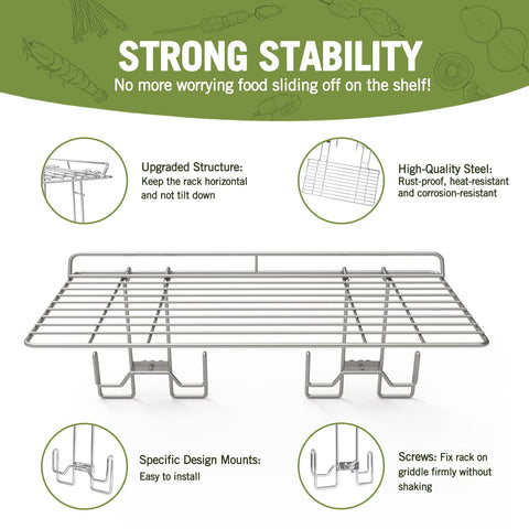 Geesta warming rack unfolded dimensions shown for wide griddle compatibility