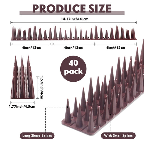 Geetery bird spikes close-up shows durable brown plastic construction.