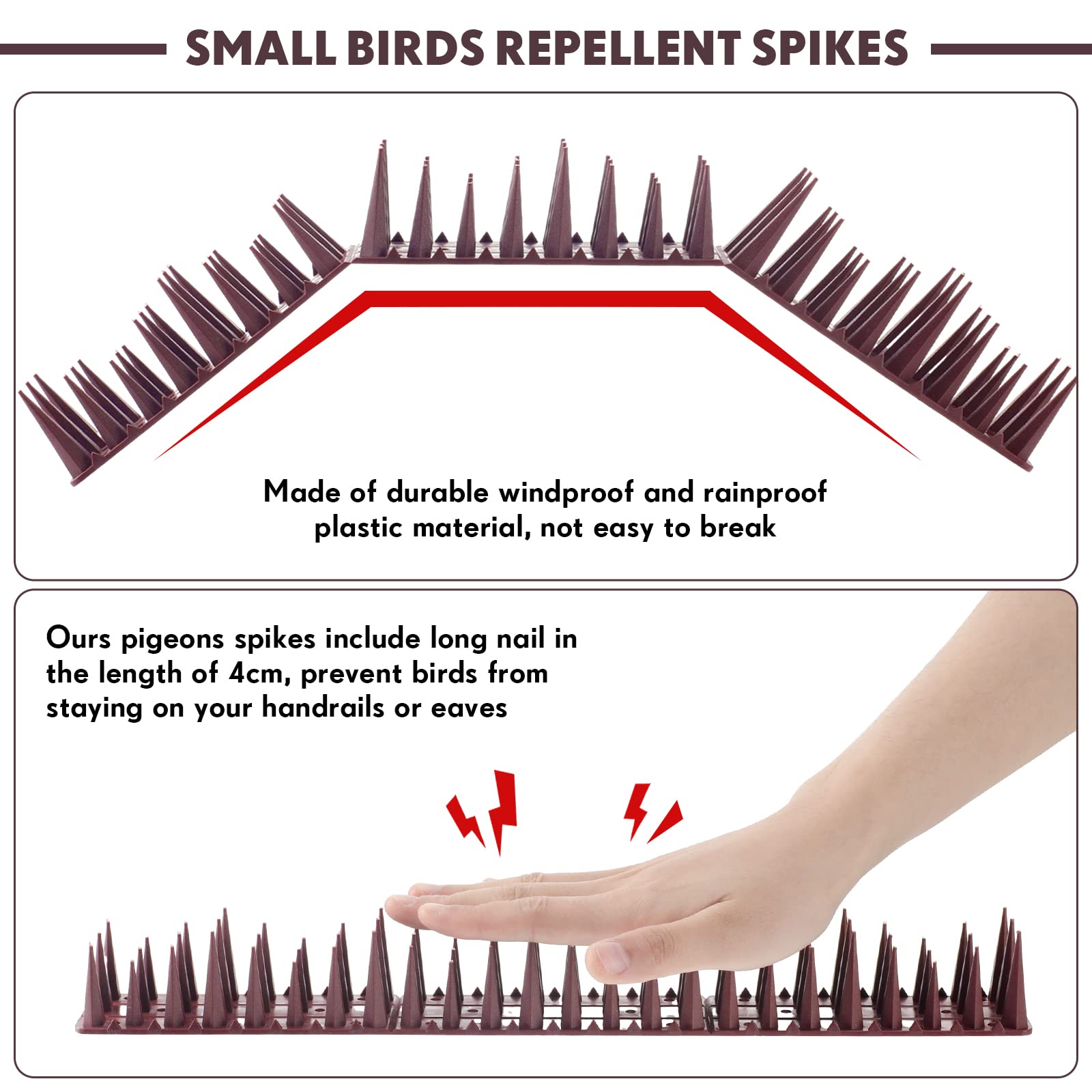 Geetery spikes installed on railing deter pigeons effectively.