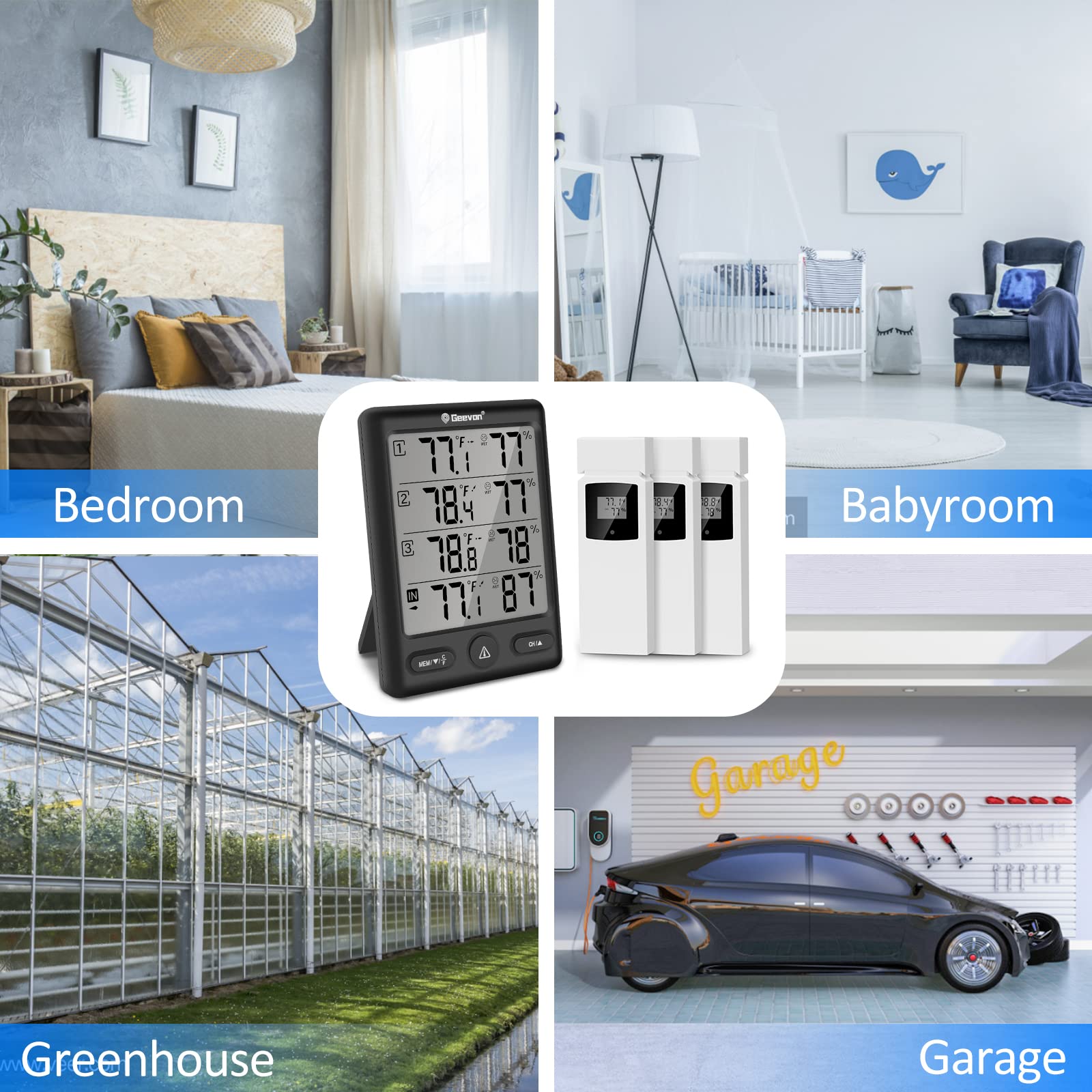 Geevon base station powered by two AA batteries with remote sensors