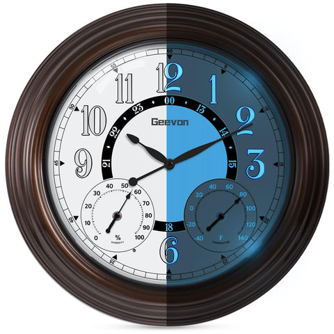 Geevon Illuminated Outdoor Clock with bronze frame for clear nighttime readability