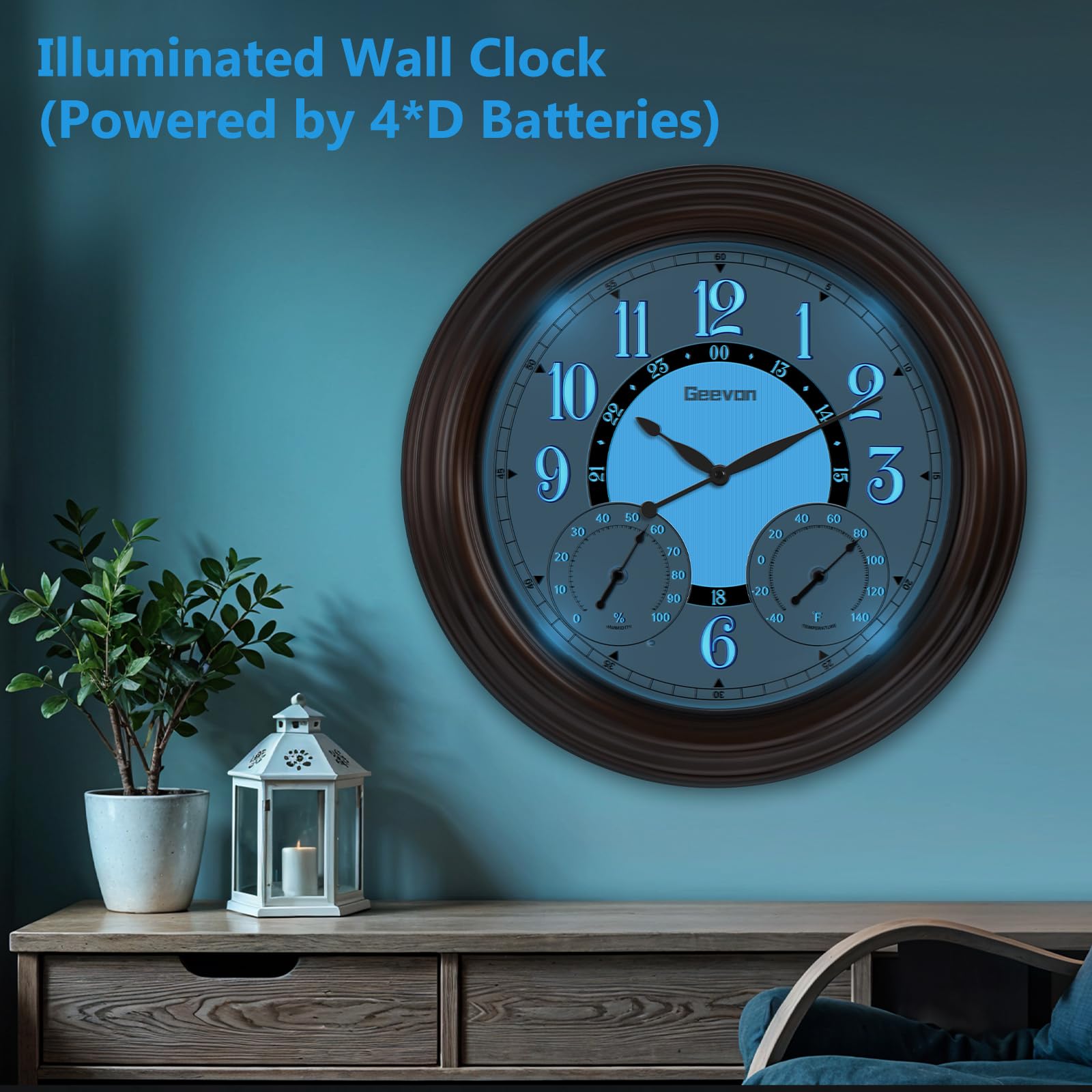 Geevon illuminated outdoor clock on patio by pool area