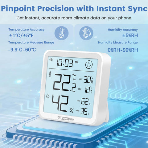 GEEVON-LINK max/min records keep track of daily temperature and humidity fluctuations.
