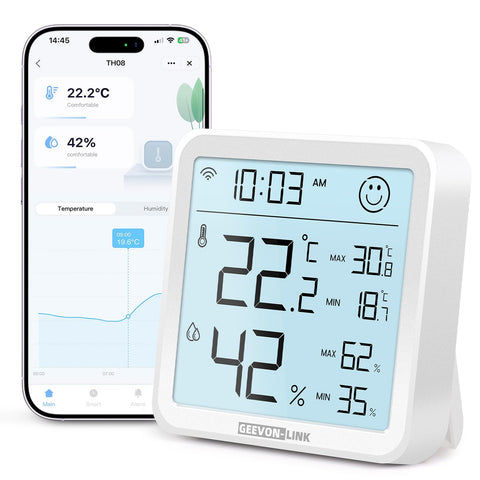 GEEVON-LINK WiFi hygrometer display for quick room temperature and humidity check.