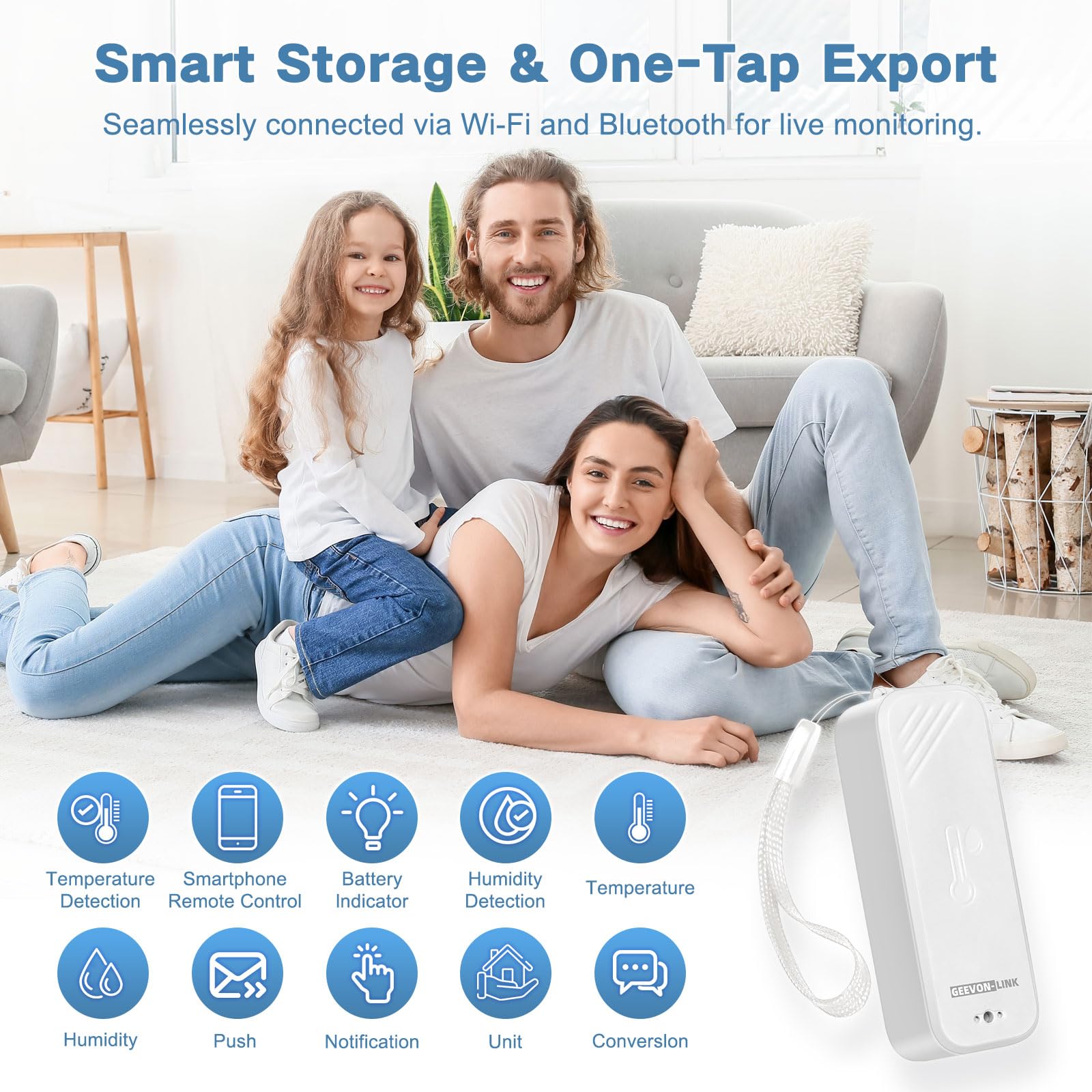 GEEVON-LINK WiFi thermometer-hygrometer app notifications for real-time readings.