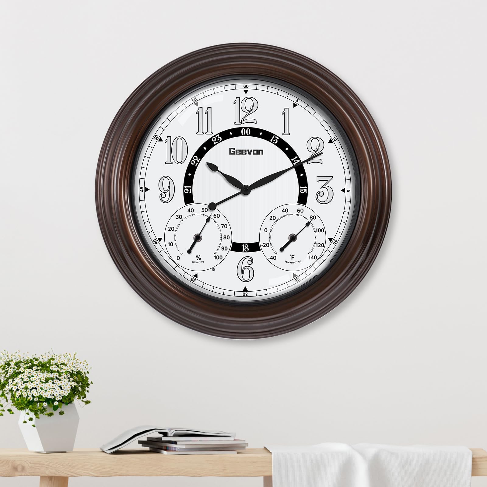 Geevon thermometer and hygrometer readouts integrated into clock display