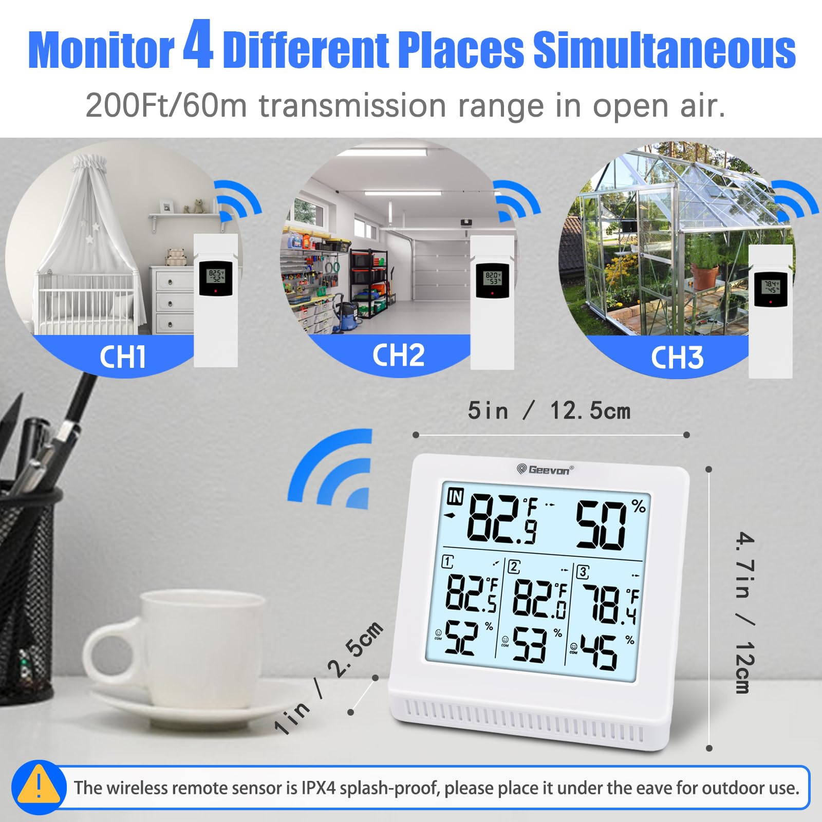 Geevon IPX4 splash proof remote sensor in outdoor setting