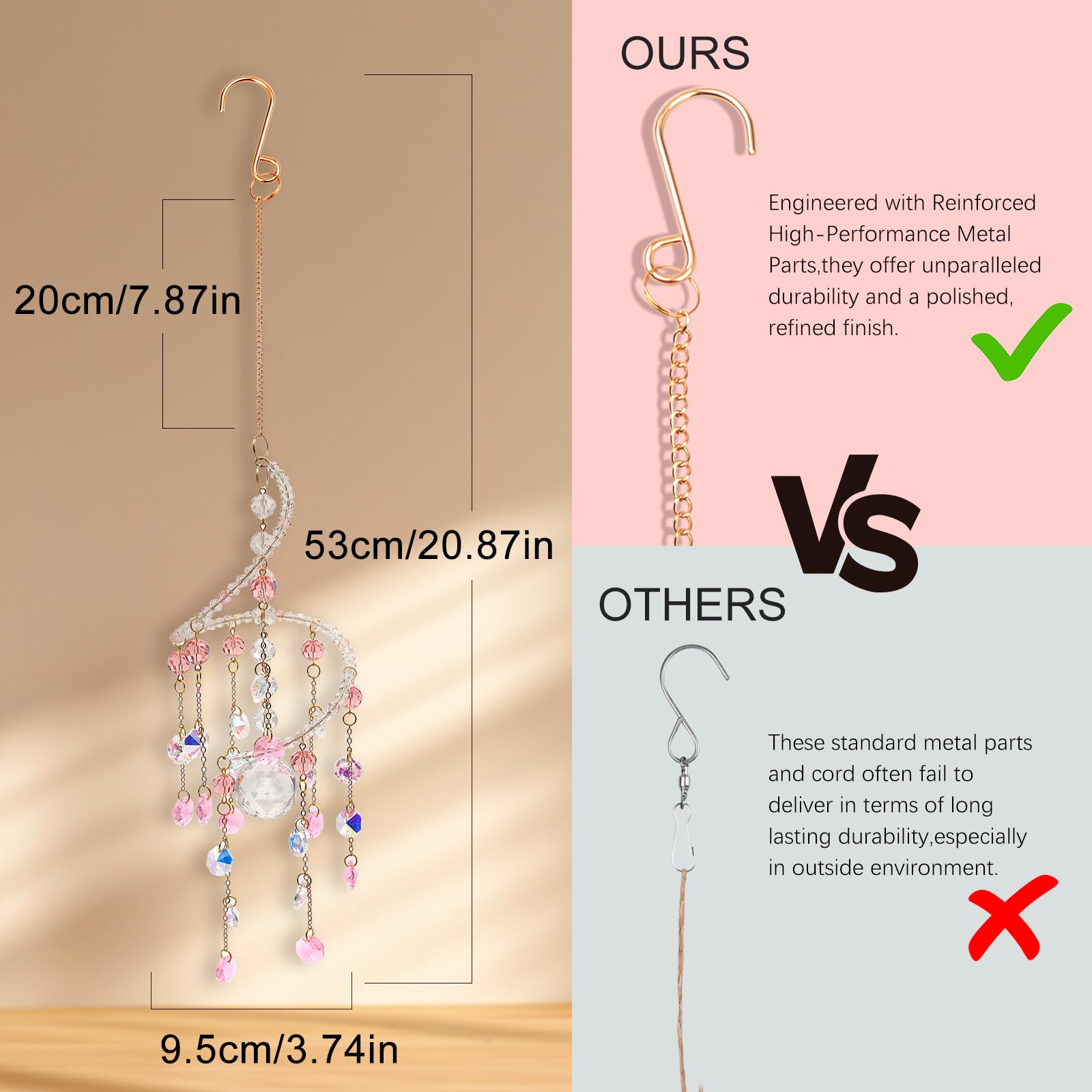 Geili pink spiral crystal wind chimes for indoor window display