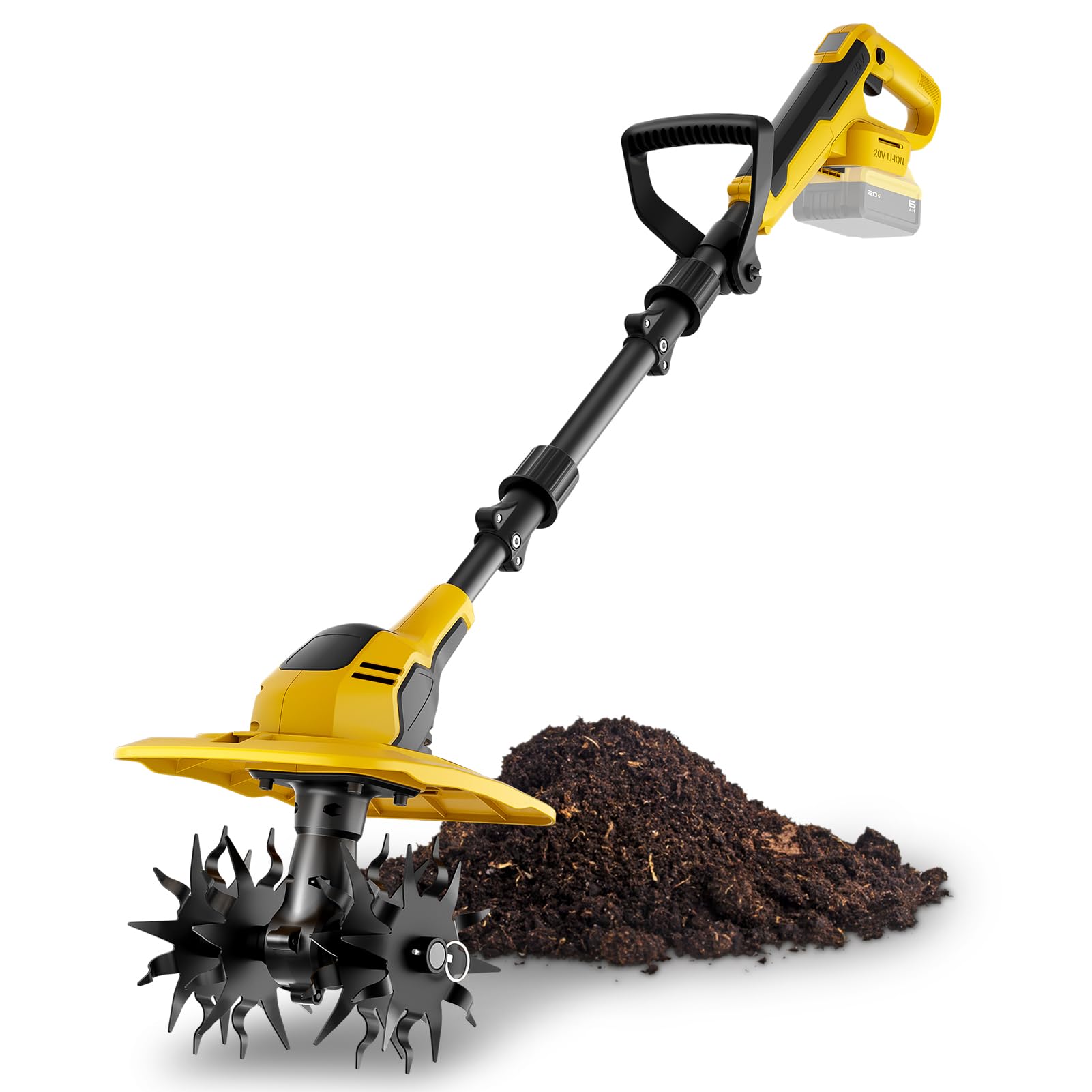GELIDALITE 20V tiller assembly showing easy-tool setup for DeWalt batteries