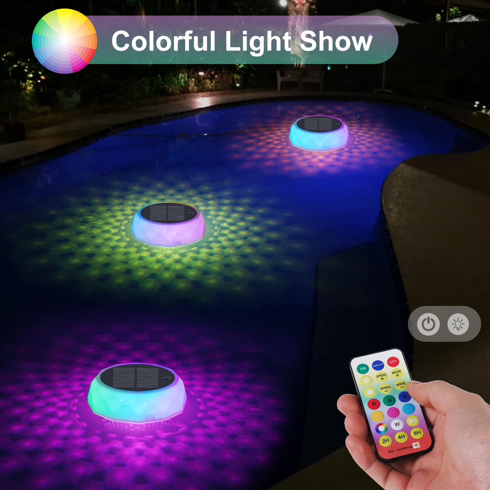 Gemce remote-controlled RGB lights illuminate pool water at night with color options.