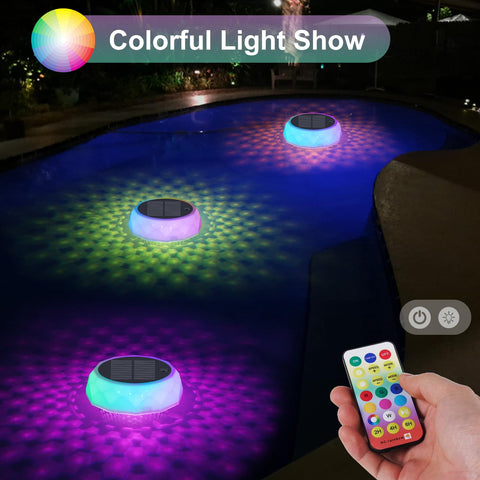 Gemce remote-controlled RGB lights illuminate pool water at night with color options.