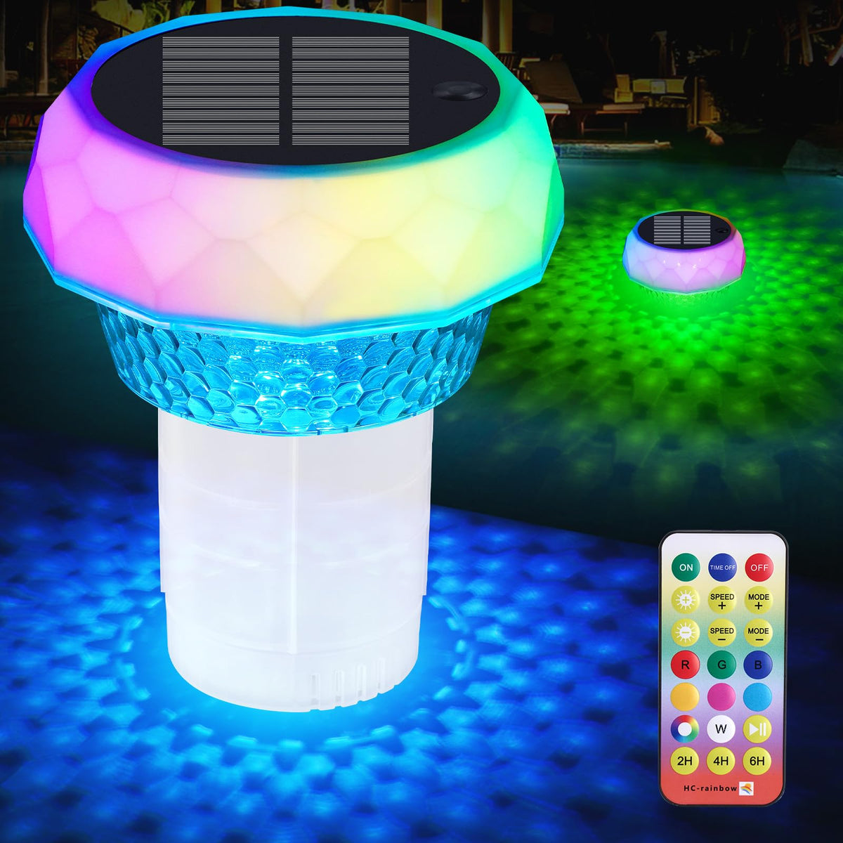 Gemce solar pool chlorine floater with RGB lights for night visibility and safety.