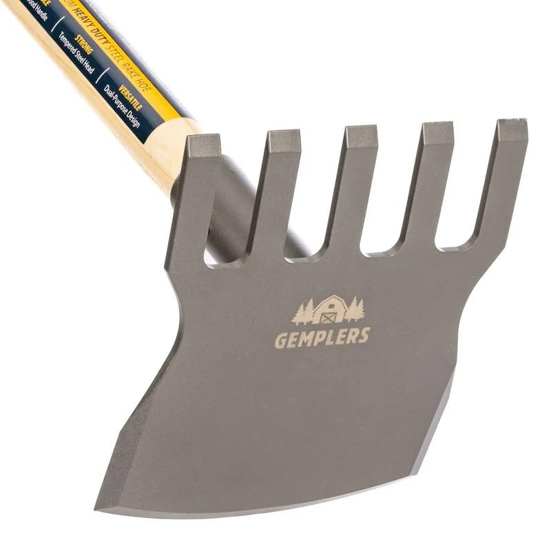 Gempler's steel rake hoe blade close-up highlights sharpened cutting capacity.