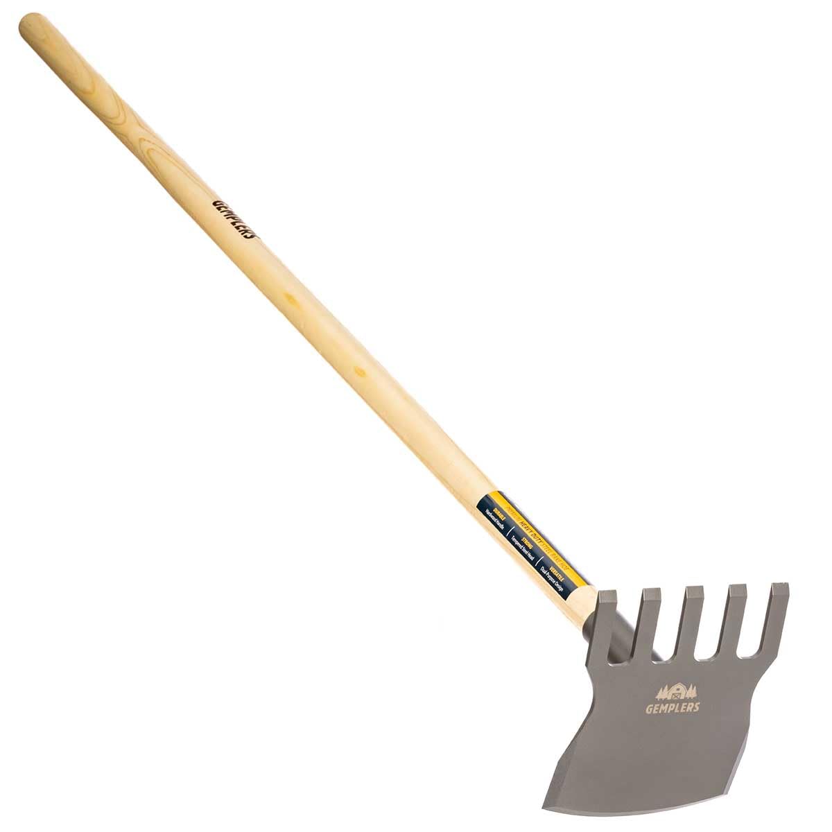 Gempler's steel rake hoe with wood handle close-up for durable garden prep.