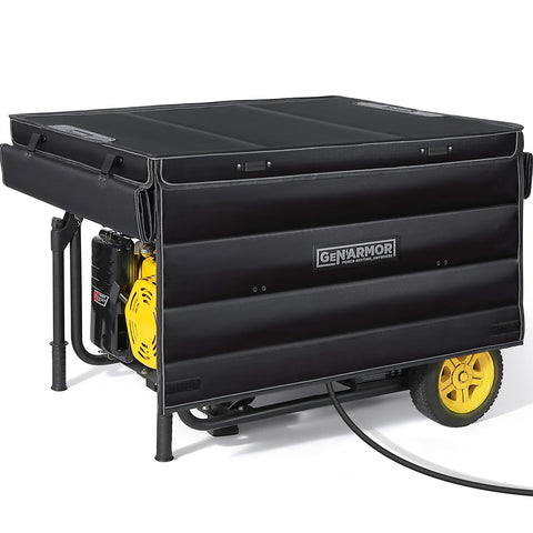 GenArmor portable outdoor enclosure protecting a generator while running outdoors