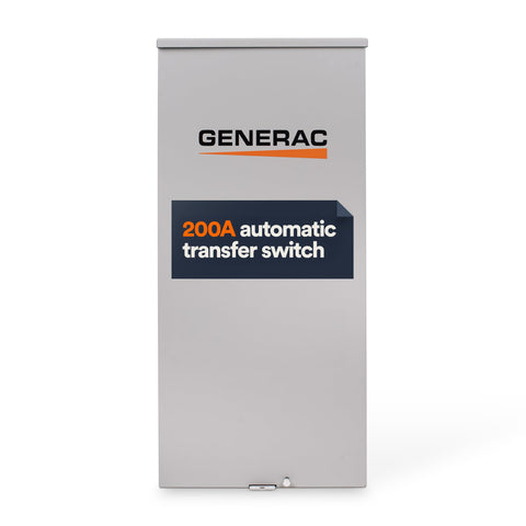 Generac 200A transfer switch, open transition, enables seamless outage readiness.